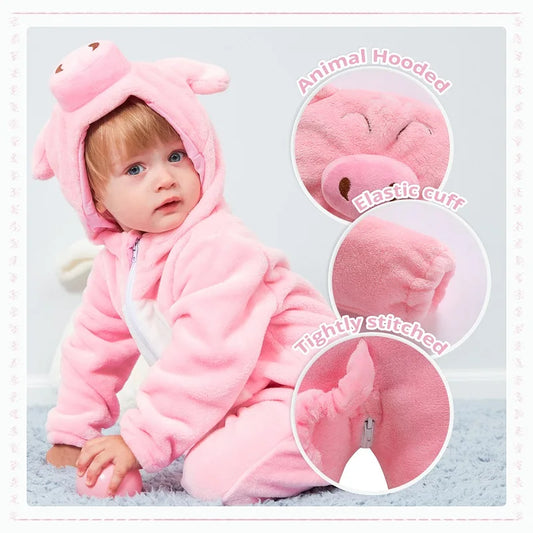 MICHLEY Halloween Gifts Pink Pig Baby Rompers Autumn Winter Clothes Costume Flannel Hooded Bodysuit Pajamas Jumpsuit For Girls