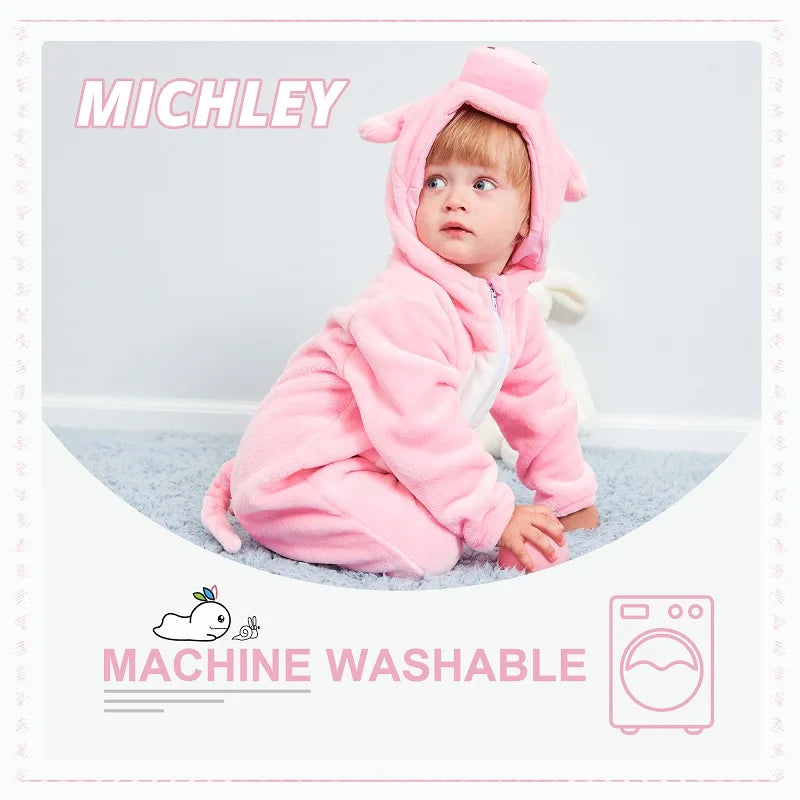 MICHLEY Halloween Gifts Pink Pig Baby Rompers Autumn Winter Clothes Costume Flannel Hooded Bodysuit Pajamas Jumpsuit For Girls