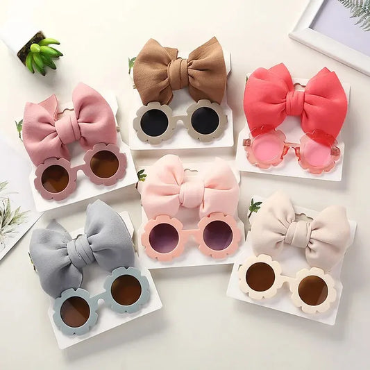 2 Pcs/Set Baby Sunglasses Hairband Set Flower Shape Children Glasses Cartoon Bows Headband Set