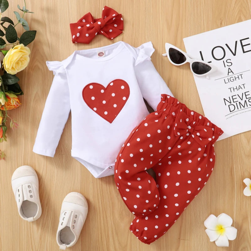 3PCS Newborn Baby Girl Clothes Set Love Heart Long Sleeve Romper+Pant+Headband Fashion Outfits for Toddler Girl 0-18 Months