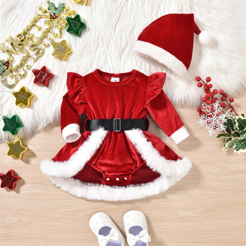 Citgeett Winter Christmas Infant Baby Girls Velvet Bodysuit Dress Long Sleeve Cartoon Jumpsuit Hat Outfits Xmas Clothes