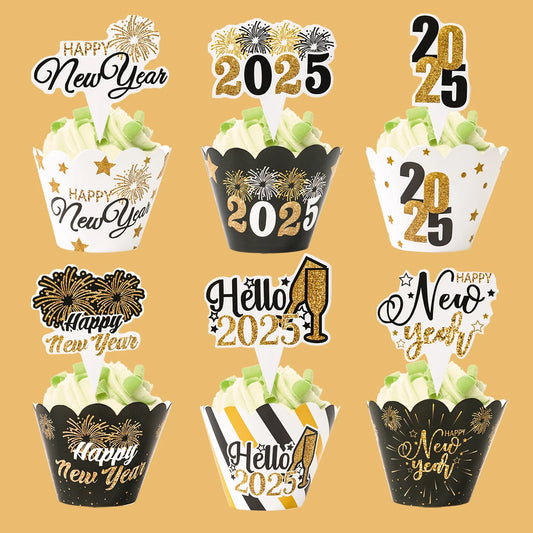 2025 New Year Cake Toppers Happy New Year Cake Insert Dessert Toppers New Year Party Decor Supplies Black Gold Cake Accessories