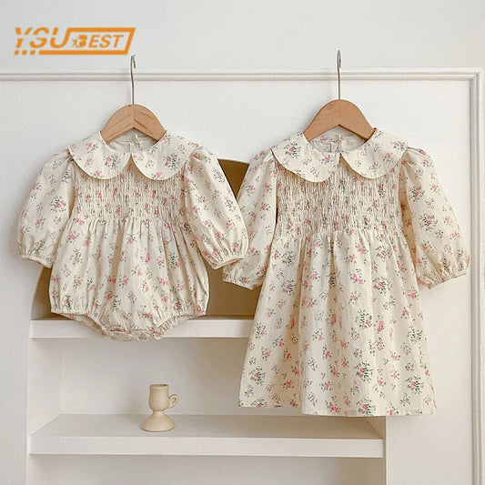 Sweet Kids Baby Girls Long Sleeve Printing Sisters Dress Spring Autumn New Kids Baby Girls Princess Clothes Rompers