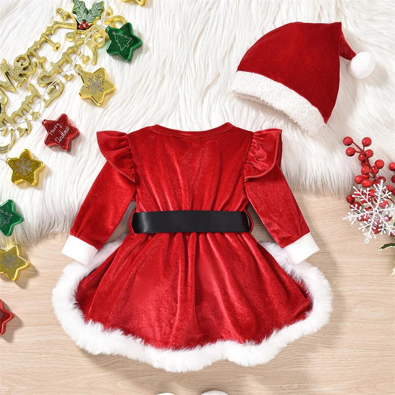 Citgeett Winter Christmas Infant Baby Girls Velvet Bodysuit Dress Long Sleeve Cartoon Jumpsuit Hat Outfits Xmas Clothes